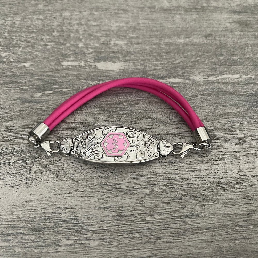 NEW! Medical ID Lymphedema Alert This Arm Pink Silicone Bracelet 8 Inches